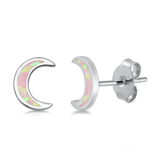 Crescent Moon Classic Simple Pink Lab Opal Earrings – Sterling Silver