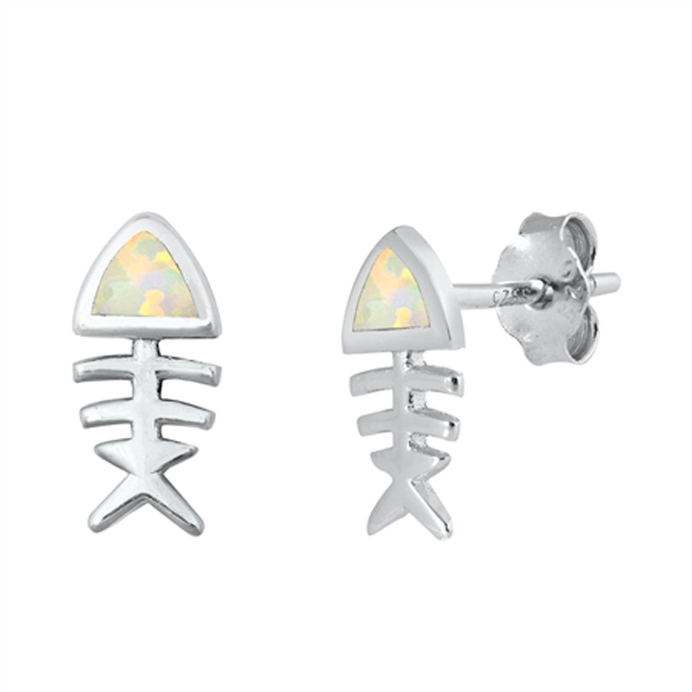 Dead Fish Skeleton Animal Bones White Lab Opal Earrings – Sterling Silver