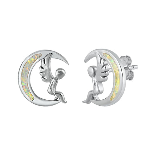 Wing Moon Fairy Fae Pixie Mystic White Lab Opal Earrings – Sterling Silver