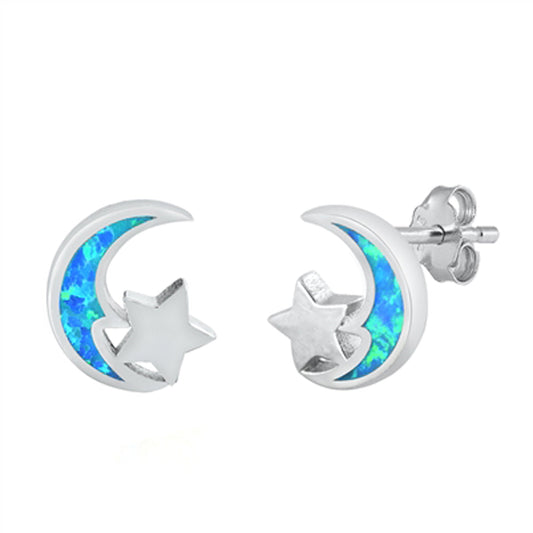 Crescent Moon Star High Polish Blue Lab Opal Earrings – Sterling Silver