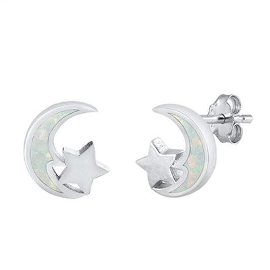 Crescent Moon Star High Polish White Lab Opal Earrings – Sterling Silver