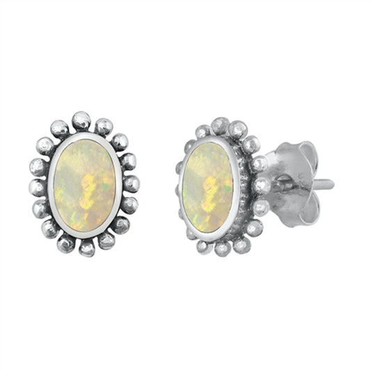 Boho Flower Oval Bali Style Halo White Lab Opal Earrings – Sterling Silver