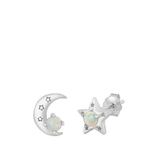 Night Sky Star Moon White Lab Opal Earrings – Sterling Silver