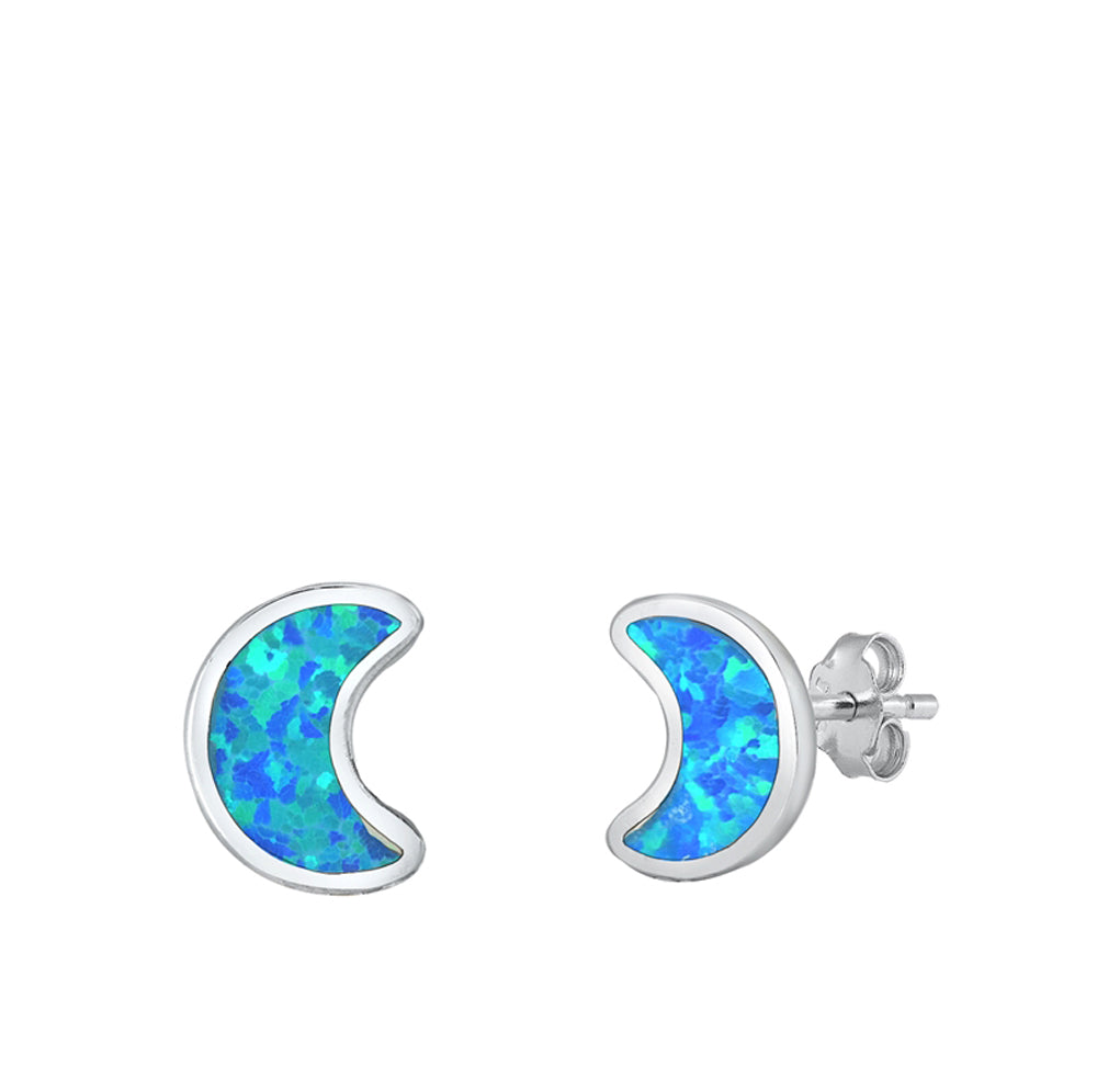 Crescent Moon Night Sky Space Blue Lab Opal Earrings – Sterling Silver