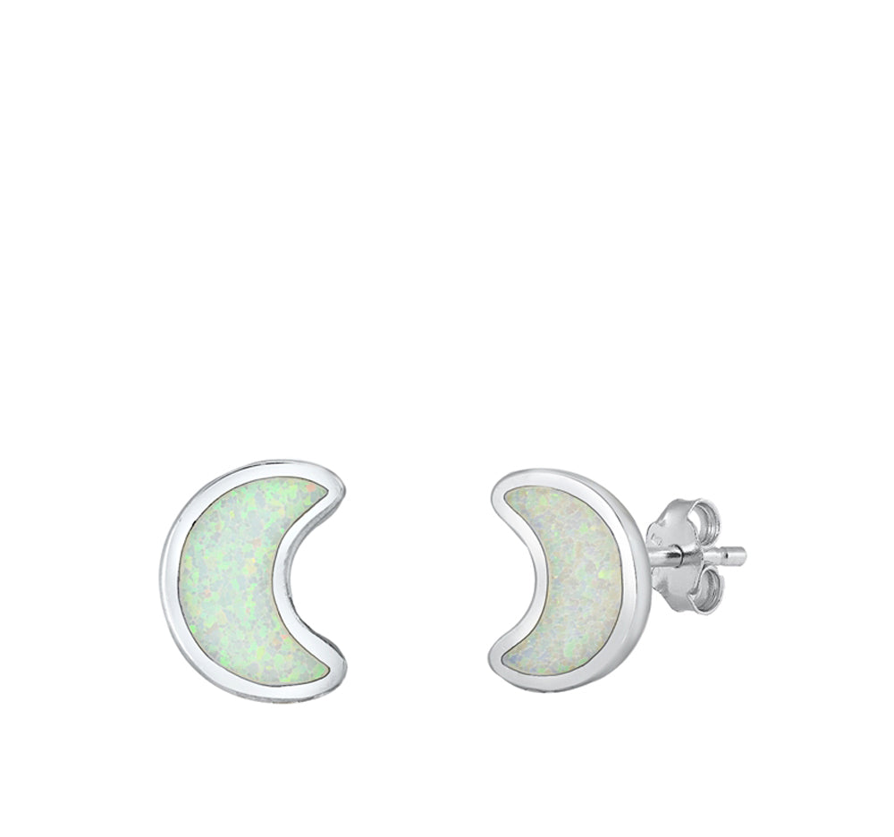 Crescent Moon Night Sky Space White Lab Opal Earrings – Sterling Silver
