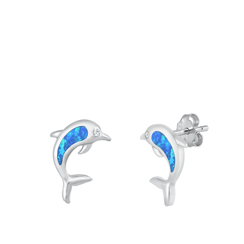 Dolphin Animal Ocean Beach Blue Lab Opal Earrings – Sterling Silver