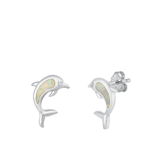 Dolphin Animal Ocean Swim White Lab Opal Earrings – Sterling Silver