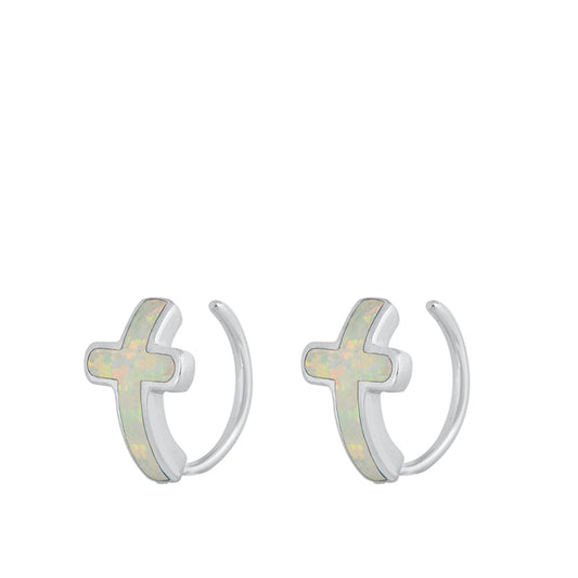 Cross Modern High Polish White Lab Opal Hoop Earrings – Sterling Silver