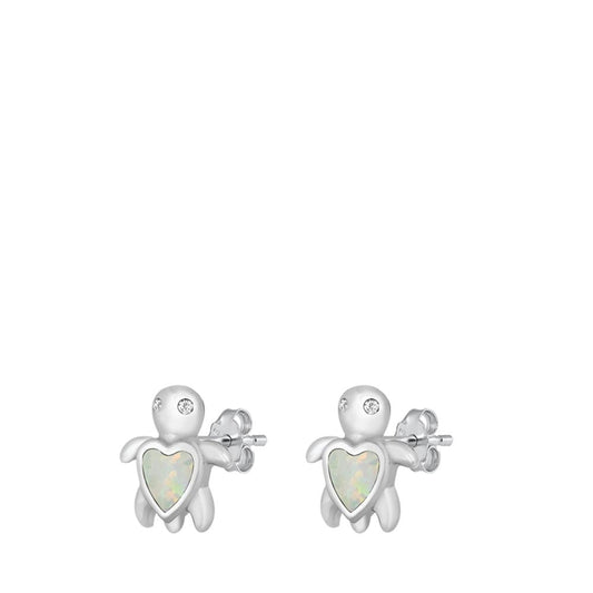 Dainty Heart Sea Turtle White Lab Opal Stud Earrings – Sterling Silver