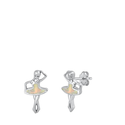 Ballet Dancer Dancing Girl White Lab Opal Stud Earrings – Sterling Silver