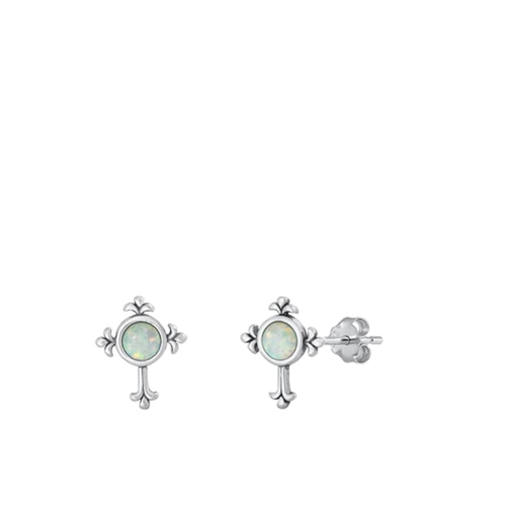 Vintage Cross White Lab Opal Earrings – Sterling Silver