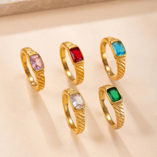 Emerald-Cut Zircon Ring – Stainless Steel, Gold Tone