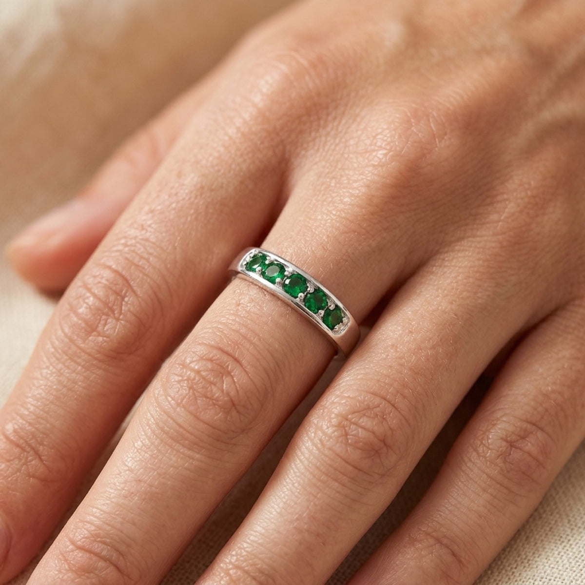 Emerald CZ Classic Studded Ring worn