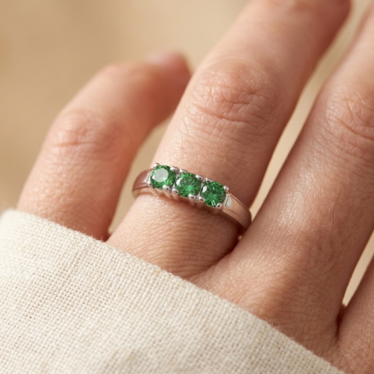 Emerald CZ Classic Studded Promise Ring worn