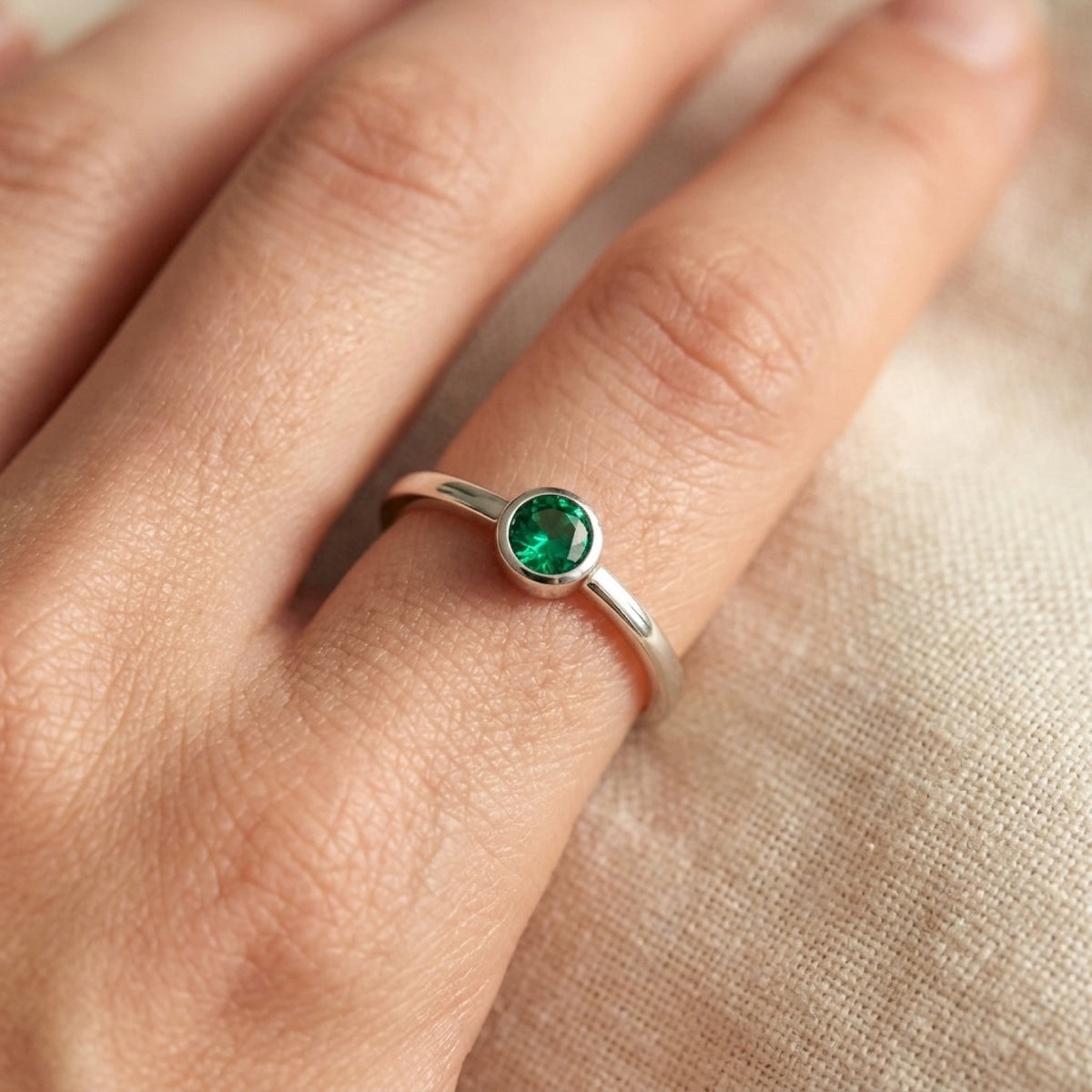 Emerald CZ Tiny Modern Ring worn