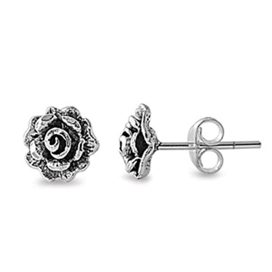 Flower Blossom Detailed Blooming Rose Nature Stud Earrings – Sterling Silver