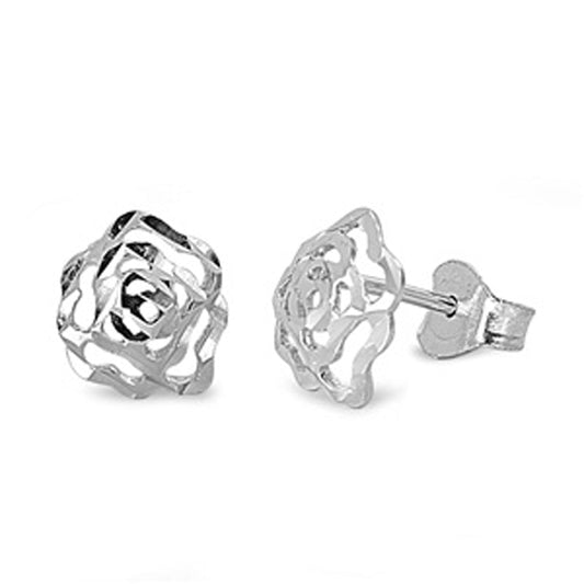 Wavy Rose Flower Outline Cutout Minimalist Earrings – Sterling Silver