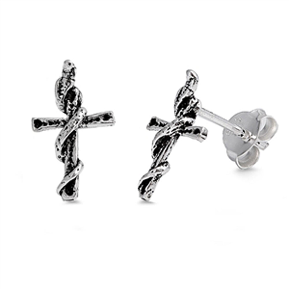 Ornate Woodgrain Vine Cross Religious Crucifix Stud Earrings – Sterling Silver