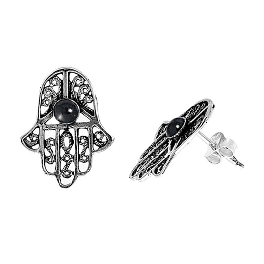 Hand of God Filigree Hamsa Twisted Simulated Onyx Earrings – Sterling Silver