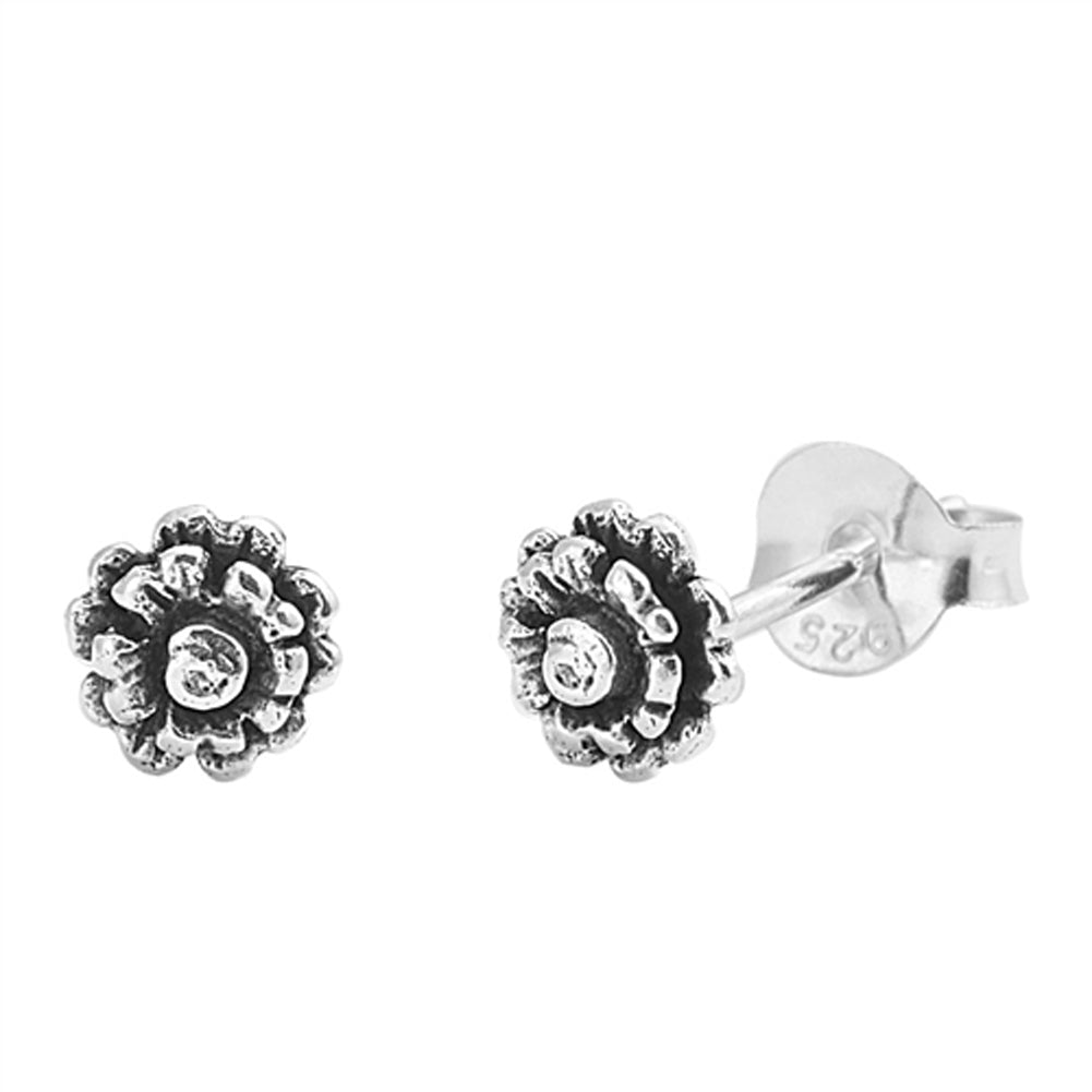 Detailed Petal Oxidized Flower Nature Bloom Stud Earrings – Sterling Silver