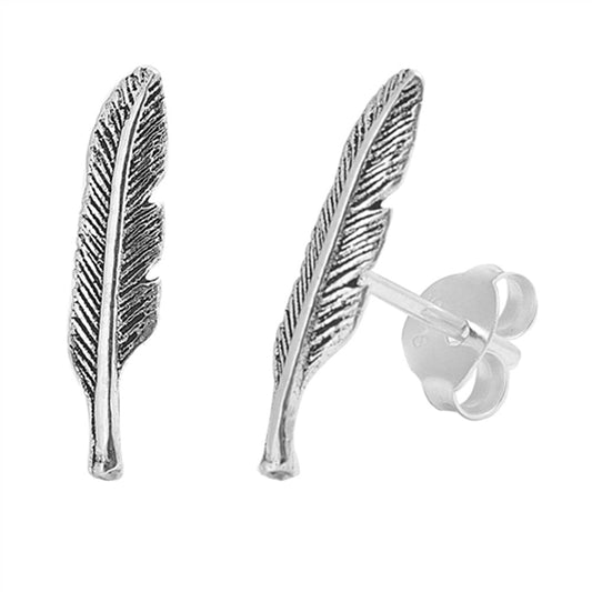 Nature Textured Feather Bohemian Boho Plume Stud Earrings – Sterling Silver