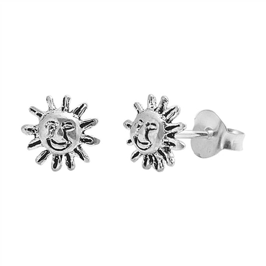 Detailed Happy Sun Face Smile Sunshine Stud Earrings – Sterling Silver