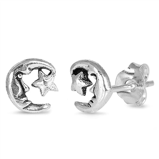 Crescent Moon Star Face Celestial Dream Earrings – Sterling Silver