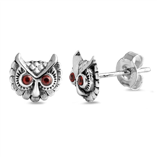Classic Garnet Owl Bird Hooter Red CZ Stud Earrings – Sterling Silver