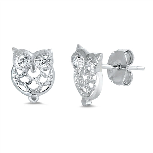 Studded Owl Animal Bird Outline Clear CZ Stud Earrings – Sterling Silver