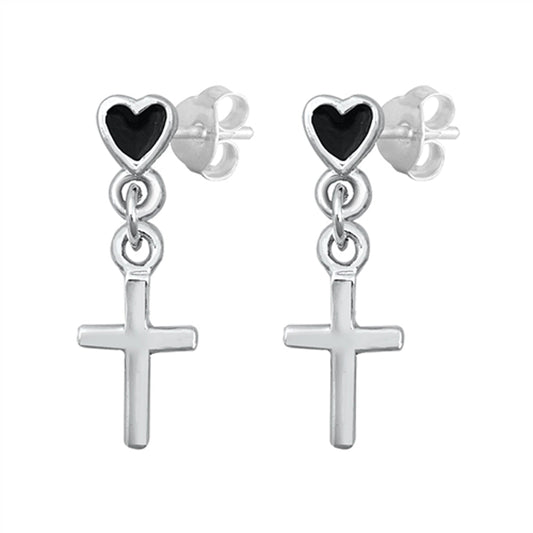 High Polish Cross Heart Dangling Classic Earrings – Sterling Silver