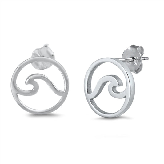Ocean Wave Outline Circle Classic Minimalist Earrings – Sterling Silver