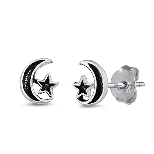 Oxidized Crescent Moon Star Space Mystic Earrings – Sterling Silver
