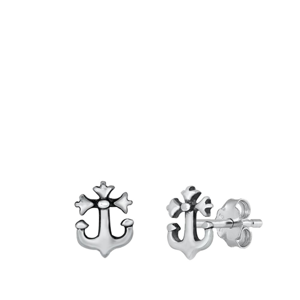 Floral Anchor Cross Blossom Nautical Boat Stud Earrings – Sterling Silver
