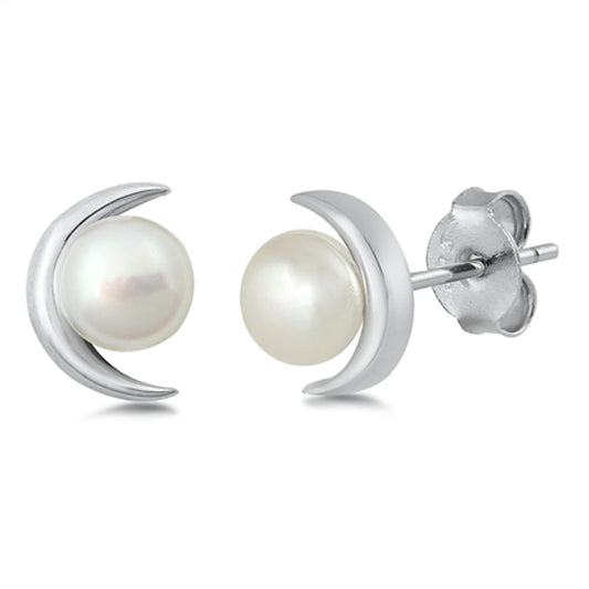 Crescent Moon Freshwater Simulated Pearl Earrings – Sterling Silver