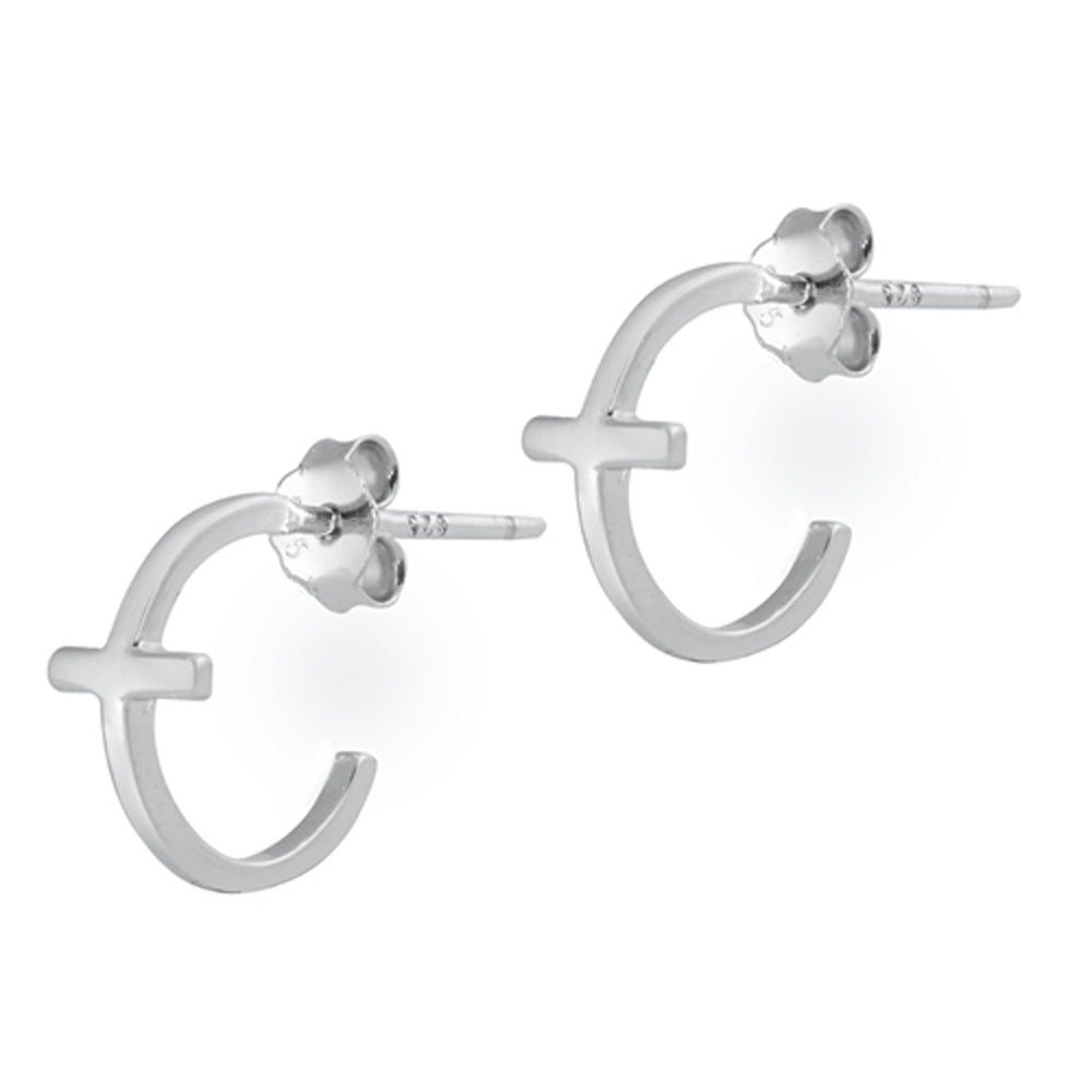 Modern Cross Unique Faith Religious Christian Hoop Earrings – Sterling Silver