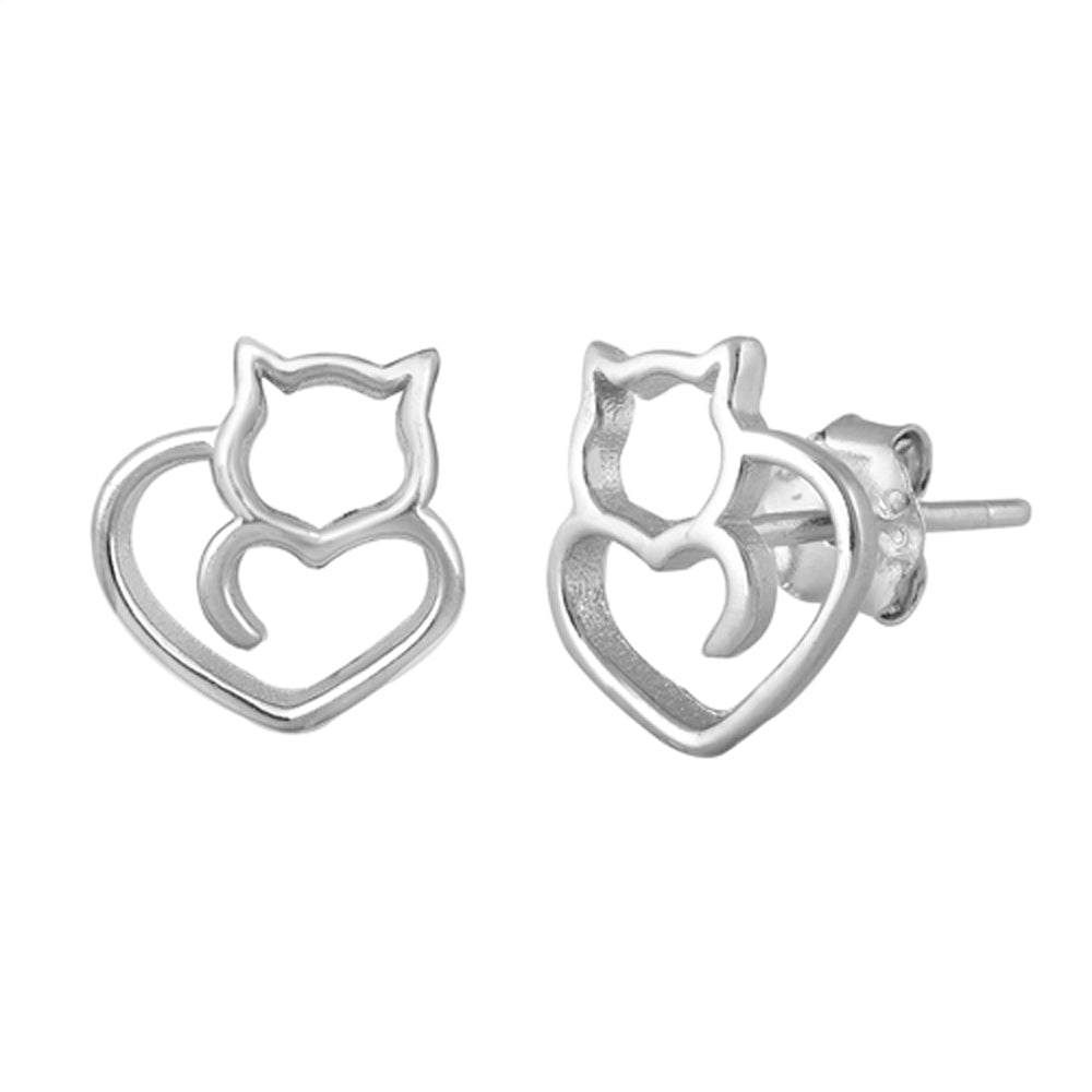 Pussy Cat Heart Love Kitten Pet Stud Earrings – Sterling Silver