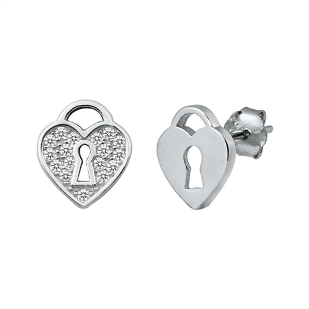 Heart Locket Promise Key Grooved Love Clear CZ Earrings – Sterling Silver