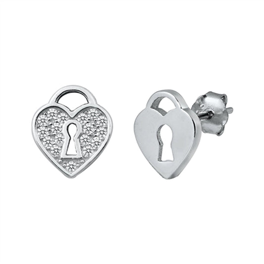 Heart Locket Promise Key Grooved Love Clear CZ Earrings – Sterling Silver