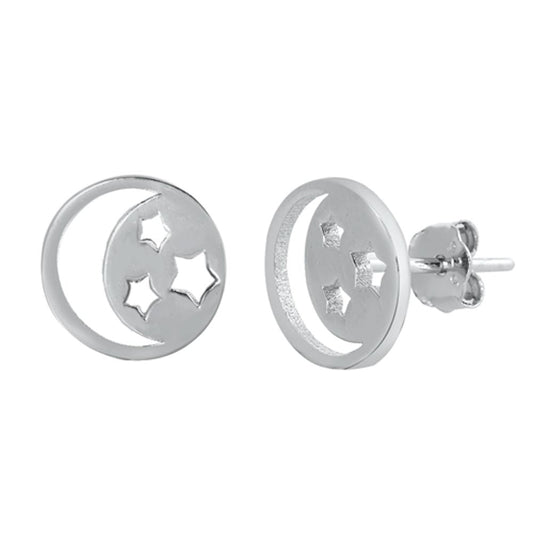 Crescent Moon & Stars High Earrings – Sterling Silver