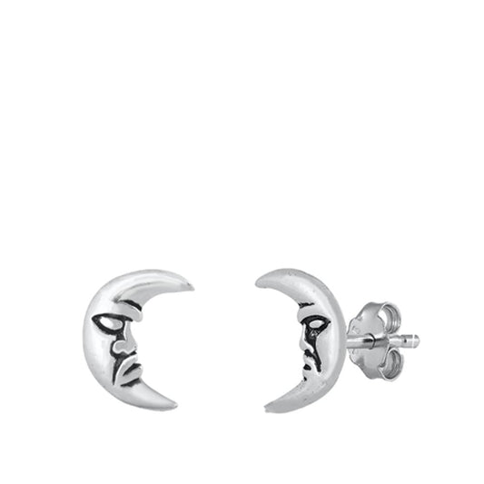 Mystic Crescent Moon Face Half Stud Earrings – Sterling Silver