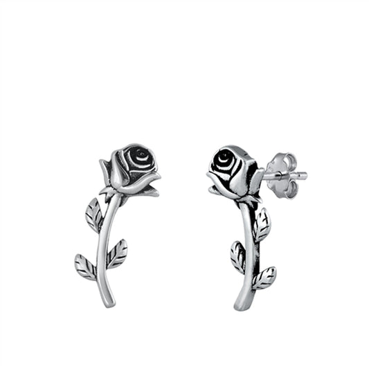 Elegant Rose Flower Nature Leaf Oxidized Earrings – Sterling Silver