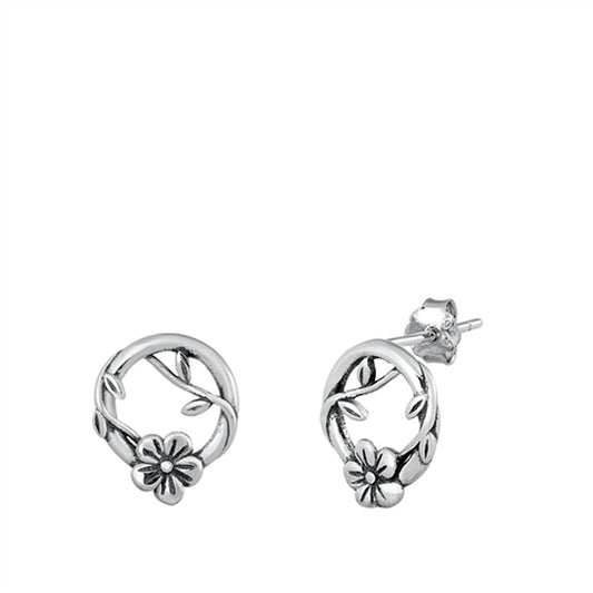 Floral Leaf Weave Flower Elegant Oxidized Hoop Earrings – Sterling Silver