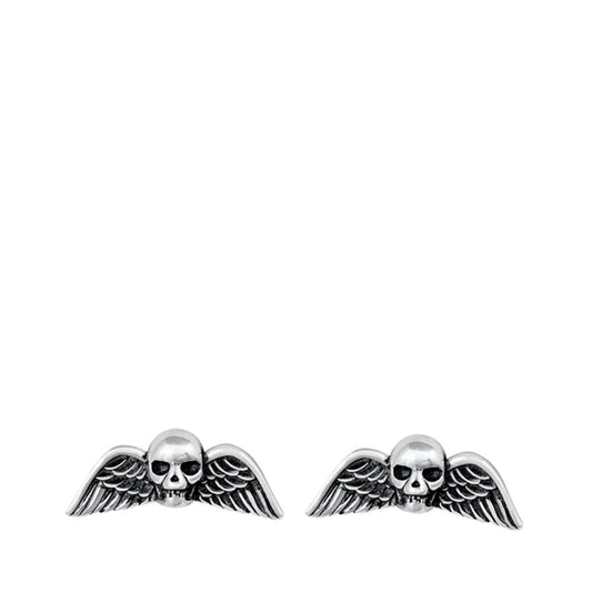 Skull & Wings Biker Oxidized Gothic Stud Earrings – Sterling Silver