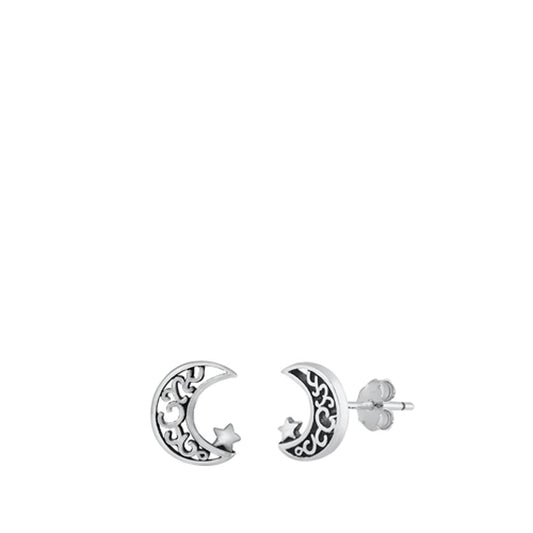 Filigree Moon & Star Oxidized Half Stud Earrings – Sterling Silver