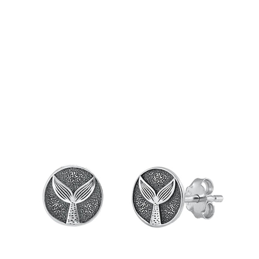 Oxidized Round Mermaid Whale Tail High Stud Earrings – Sterling Silver