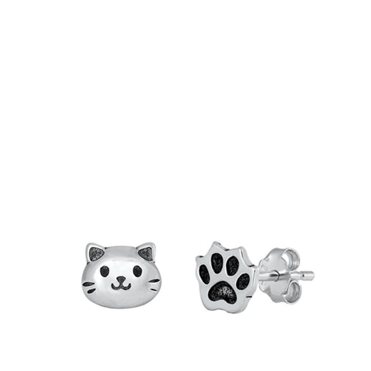 Trendy Cat & Paw Print Animal Stud Earrings – Sterling Silver