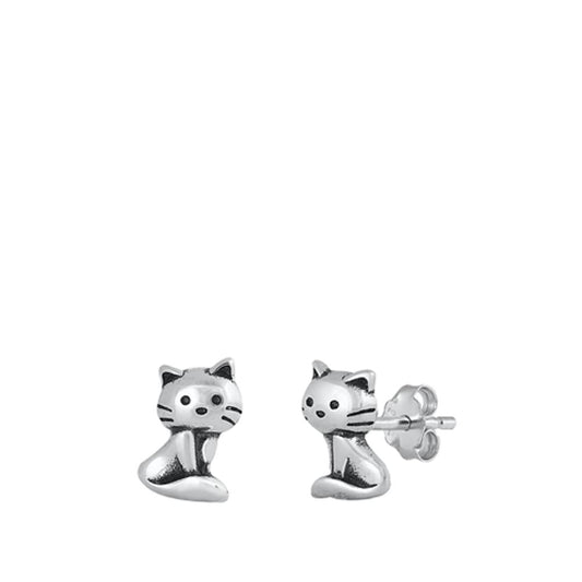 Adorable Small Cat Animal Oxidized High Stud Earrings – Sterling Silver