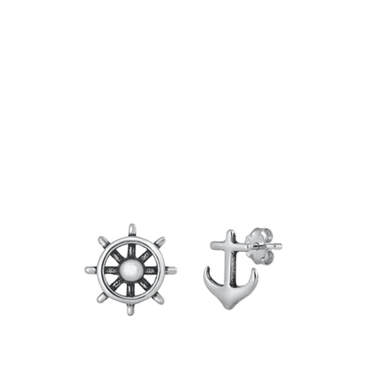 Helm & Sea Anchor Mismatched Wheel Stud Earrings – Sterling Silver
