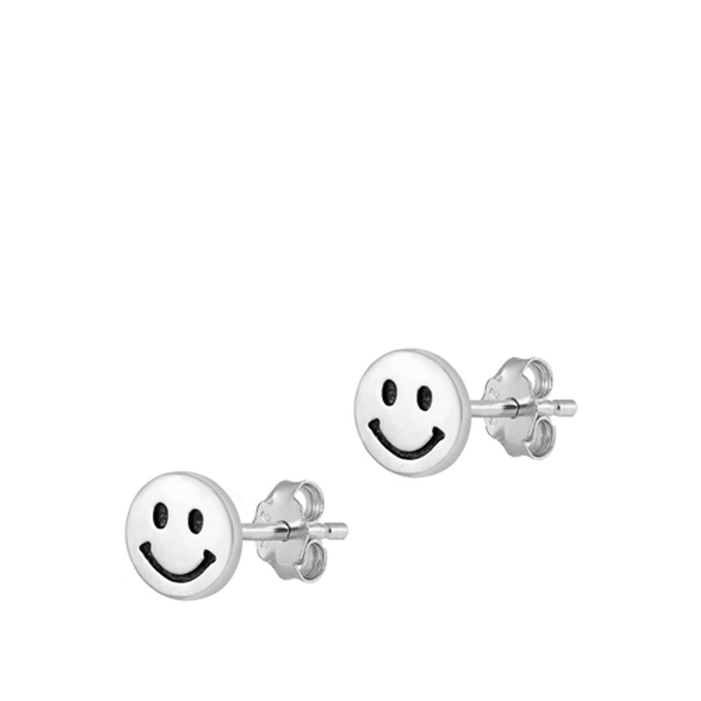 Happy Smiley Face Oxidized High Polished Stud Earrings – Sterling Silver