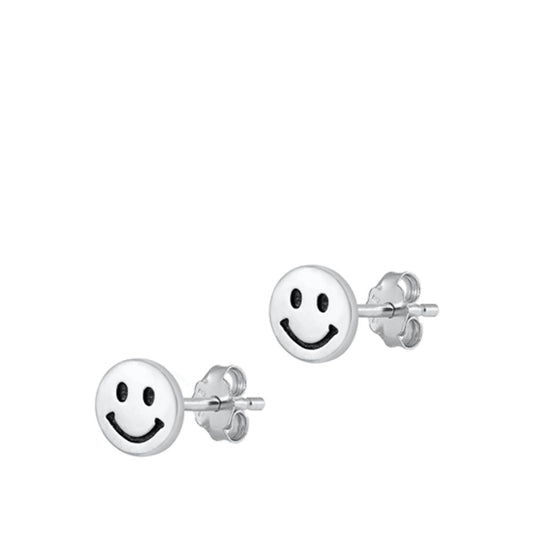 Happy Smiley Face Oxidized High Polished Stud Earrings – Sterling Silver